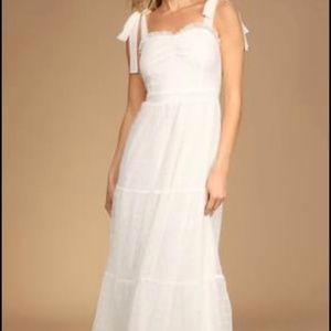 Lulu’s Just Your Darling White Tie-Strap Swiss Dot Midi Dress